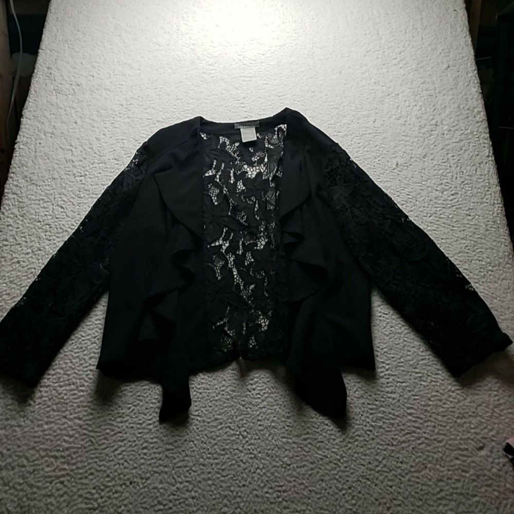 Kate & Mallory Jacket Womens Plus 2X Black Lace Open Front Ruffle Sheer Unlined